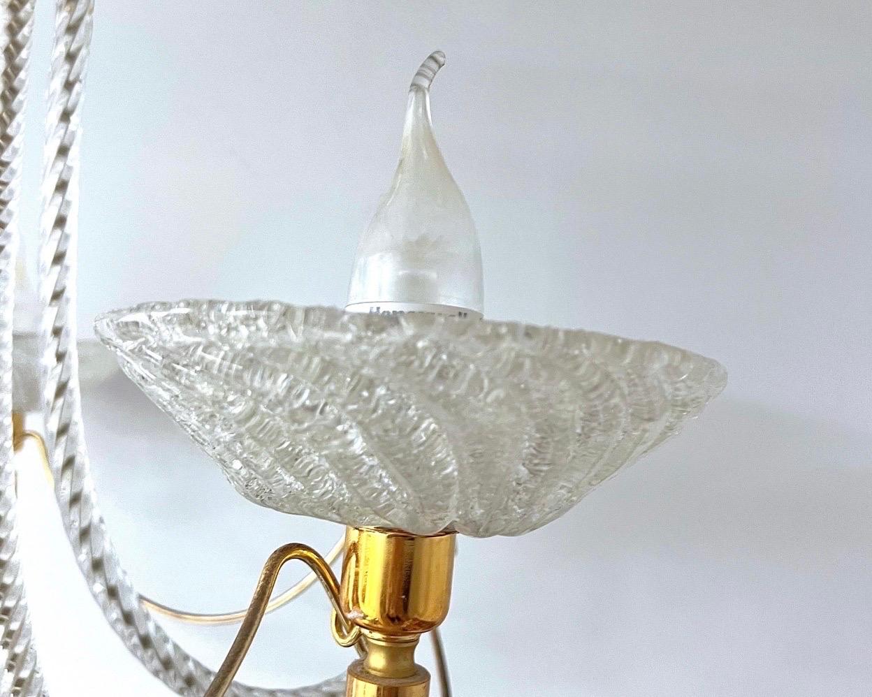 1970s Murano Rope Glass and Brass Five-Arm Chandelier in the Manner of Barovier In Good Condition For Sale In Charleston, SC
