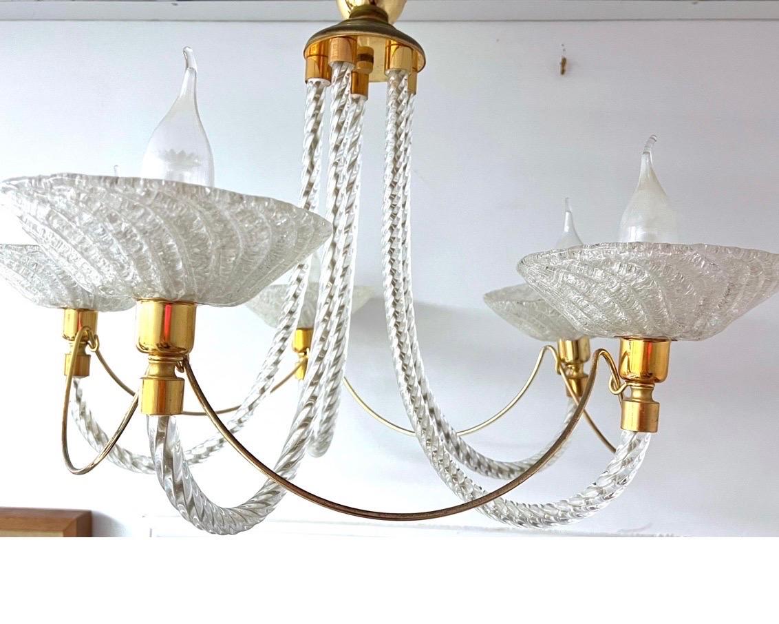 Metal 1970s Murano Rope Glass and Brass Five-Arm Chandelier in the Manner of Barovier For Sale