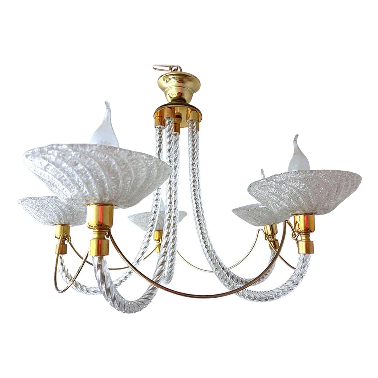 1970s Murano Rope Glass and Brass Five-Arm Chandelier in the Manner of Barovier