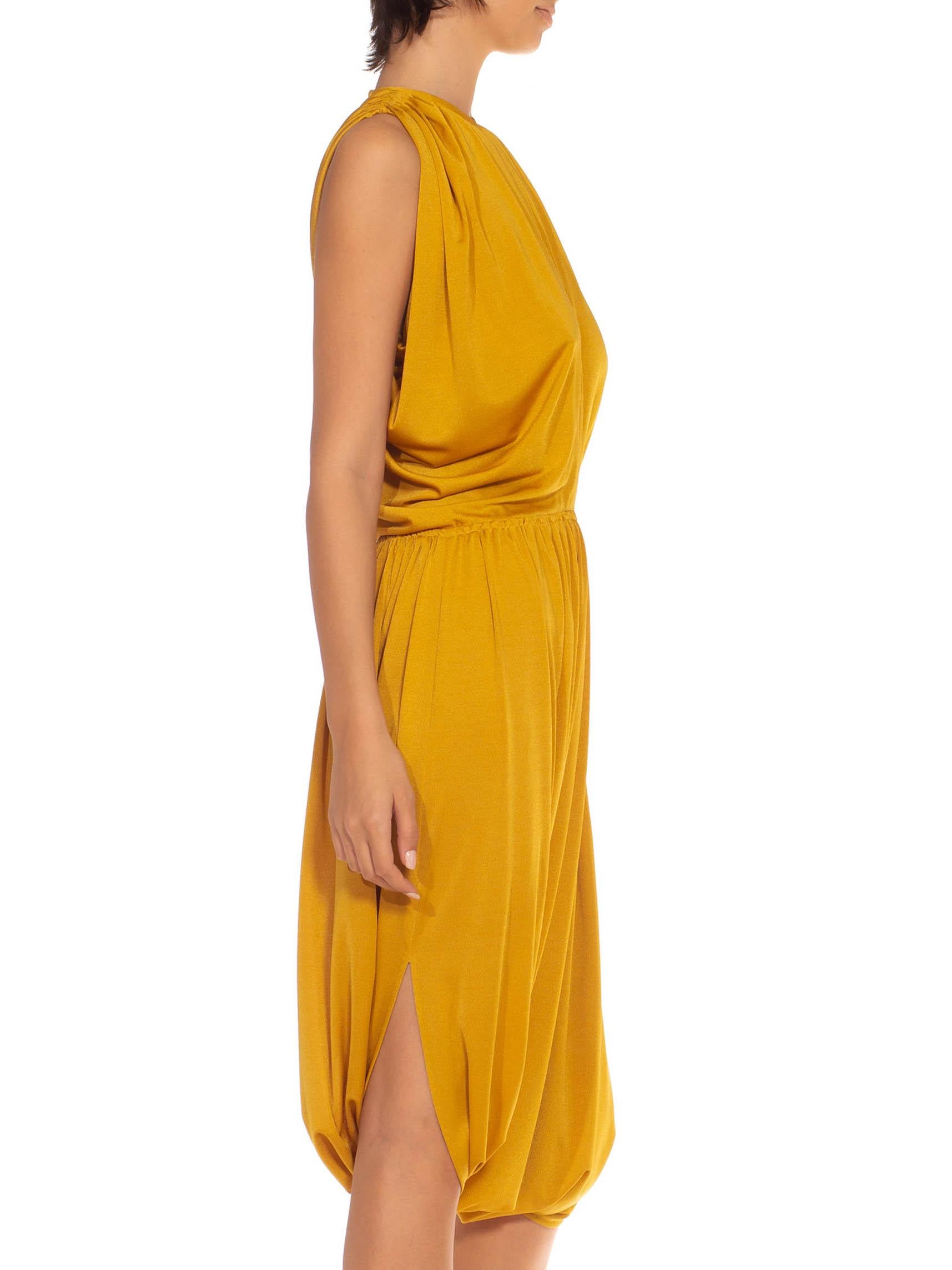 1970S Mustard Gold Polyester Blend Cowl Armhole & Halter Neck Jumpsuit Dress In Excellent Condition In New York, NY