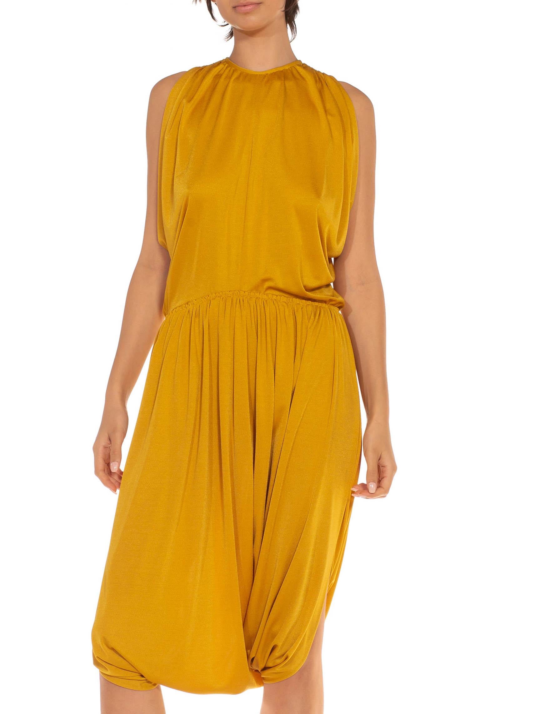Women's 1970S Mustard Gold Polyester Blend Cowl Armhole & Halter Neck Jumpsuit Dress