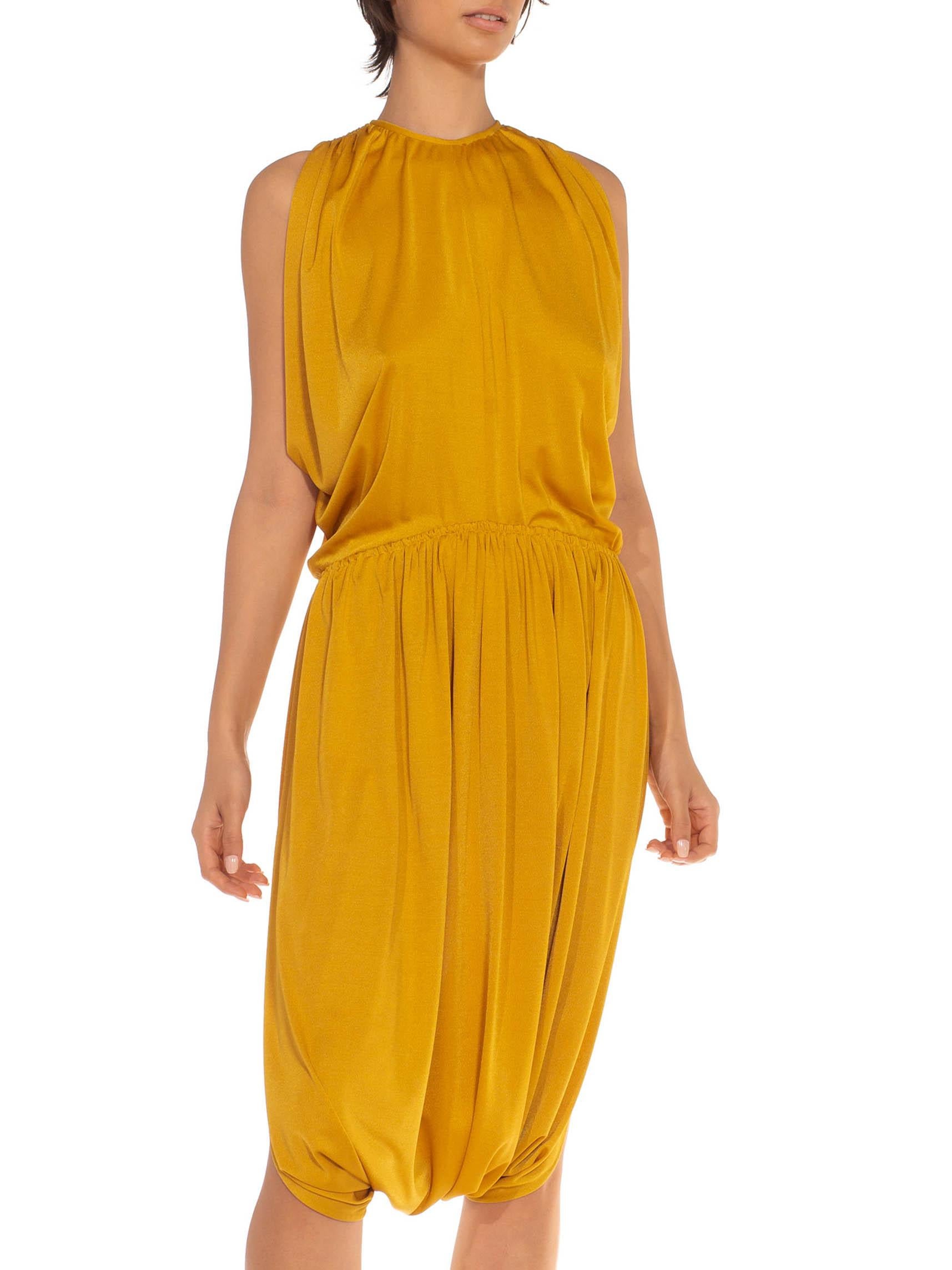 1970S Mustard Gold Polyester Blend Cowl Armhole & Halter Neck Jumpsuit Dress 1