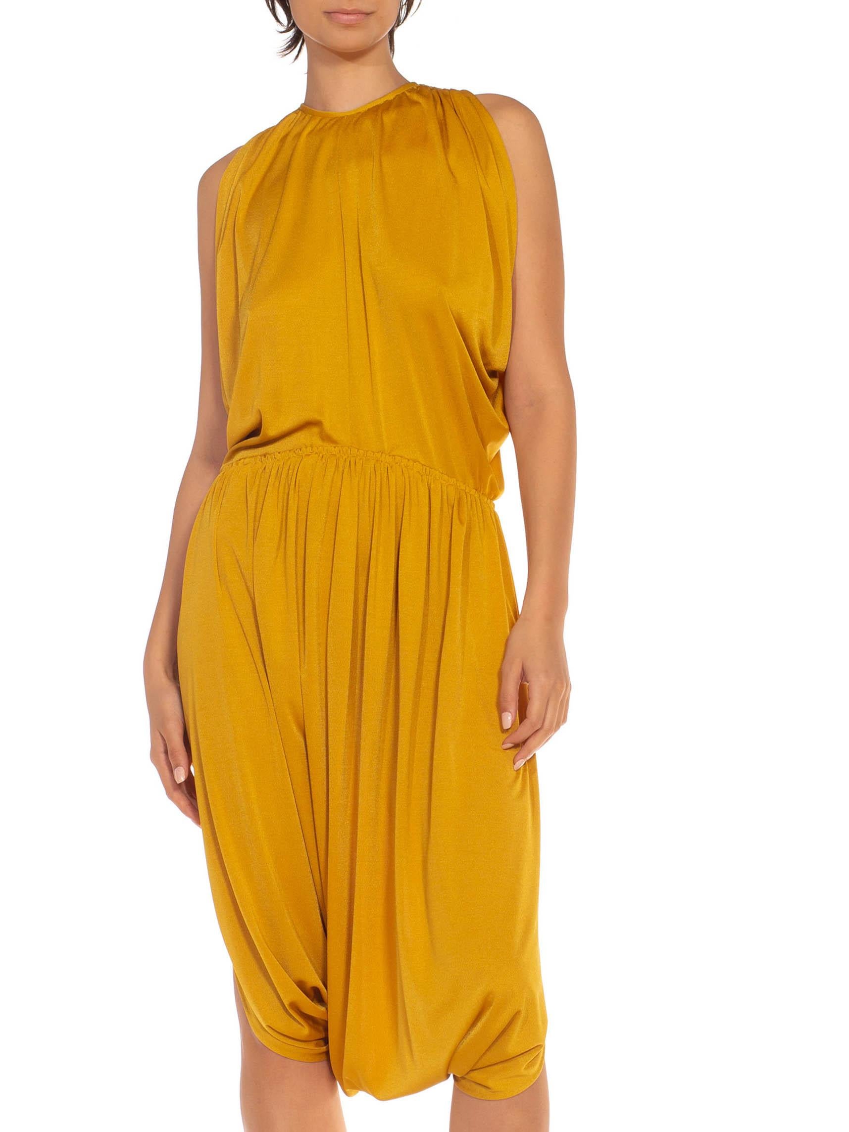1970S Mustard Gold Polyester Blend Cowl Armhole & Halter Neck Jumpsuit Dress 2