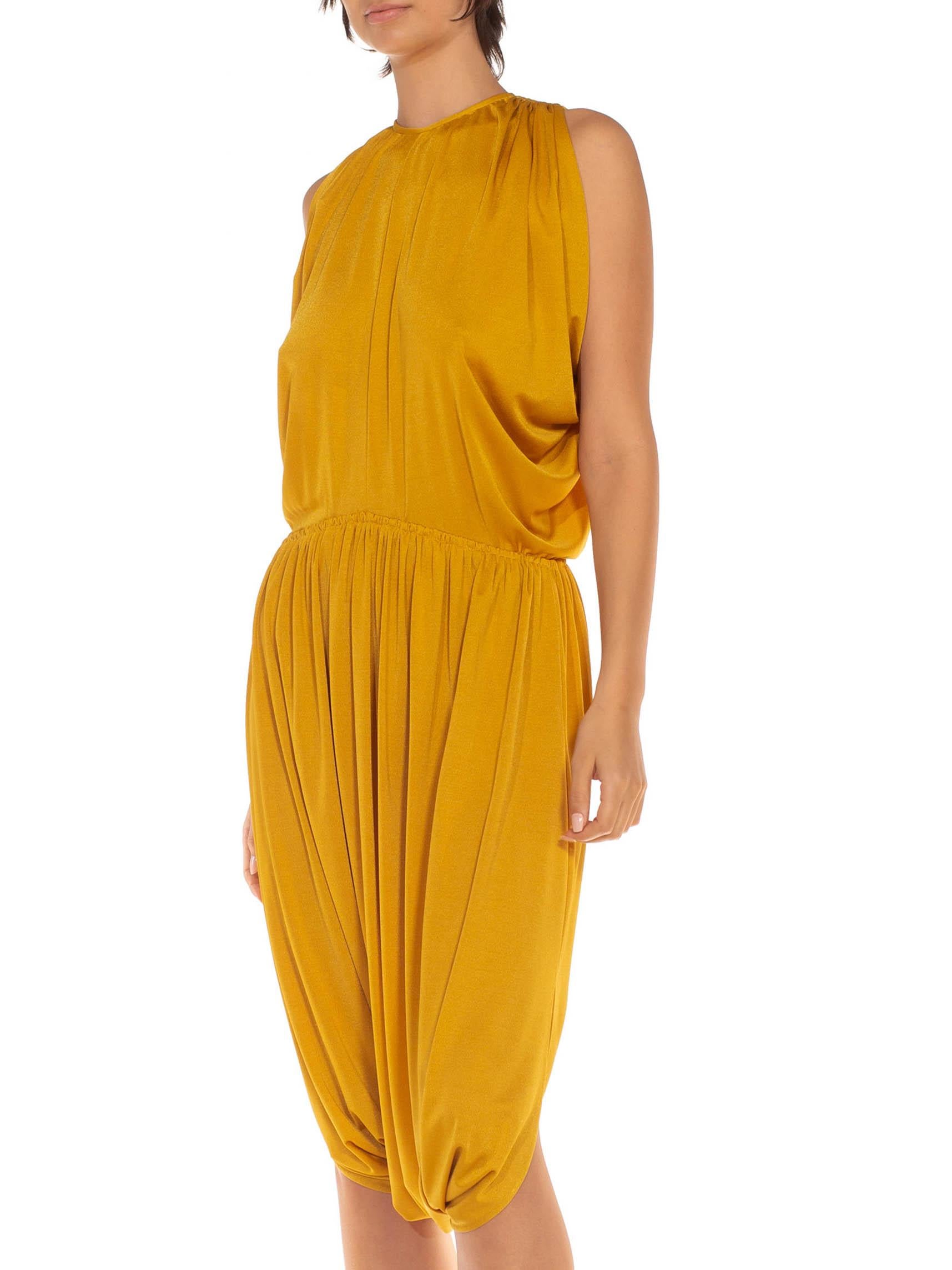 1970S Mustard Gold Polyester Blend Cowl Armhole & Halter Neck Jumpsuit Dress 5