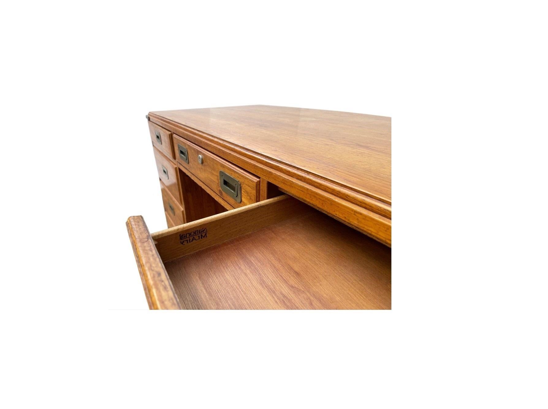 Oak 1970s National Mt. Airy Military Campaign Style Executive Desk For Sale