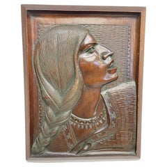 1970s Native American Indian Female Portrait Wall Art Hand Carved Solid Mahogany