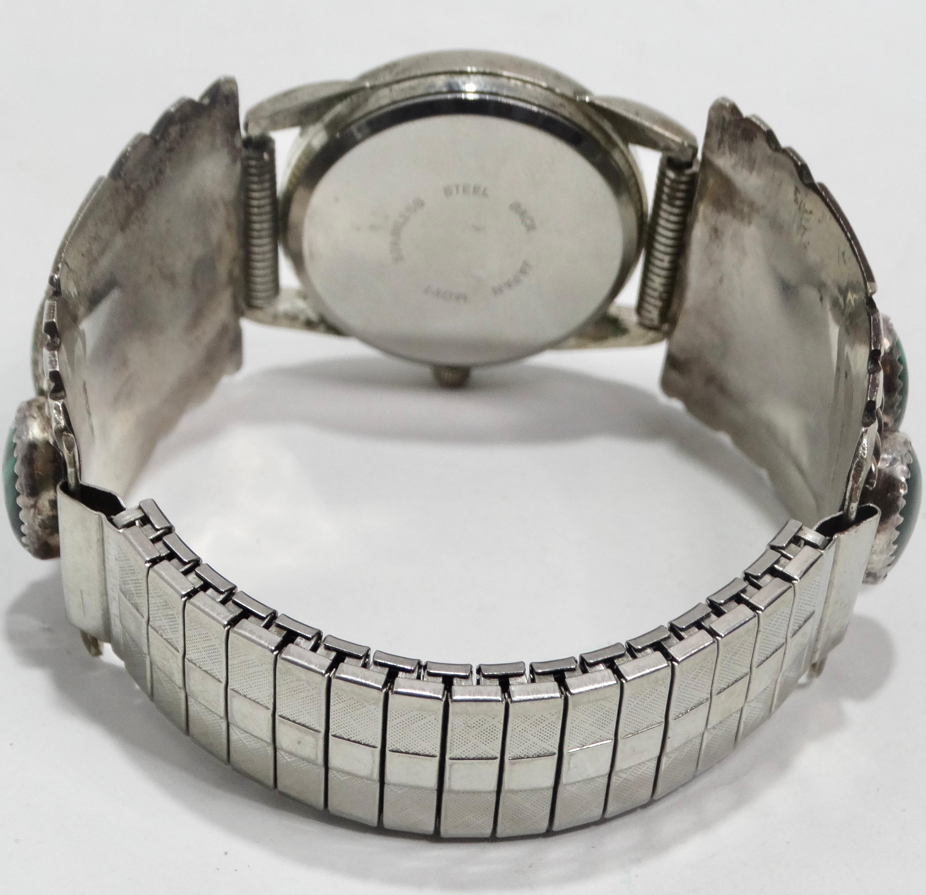 1970s Native American Silver Malachite Stone Watch For Sale 5