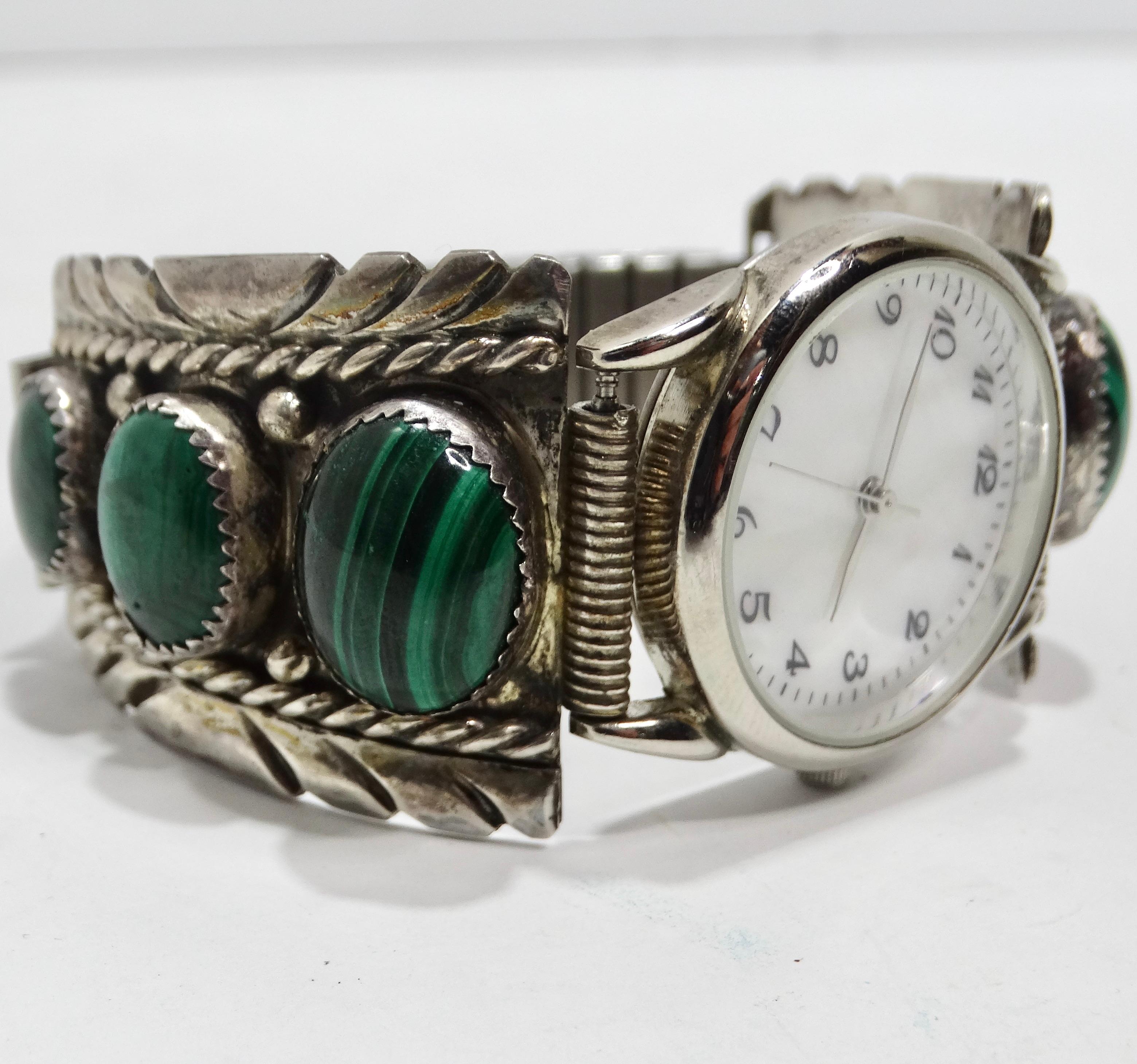 1970s Native American Silver Malachite Stone Watch In Good Condition For Sale In Scottsdale, AZ