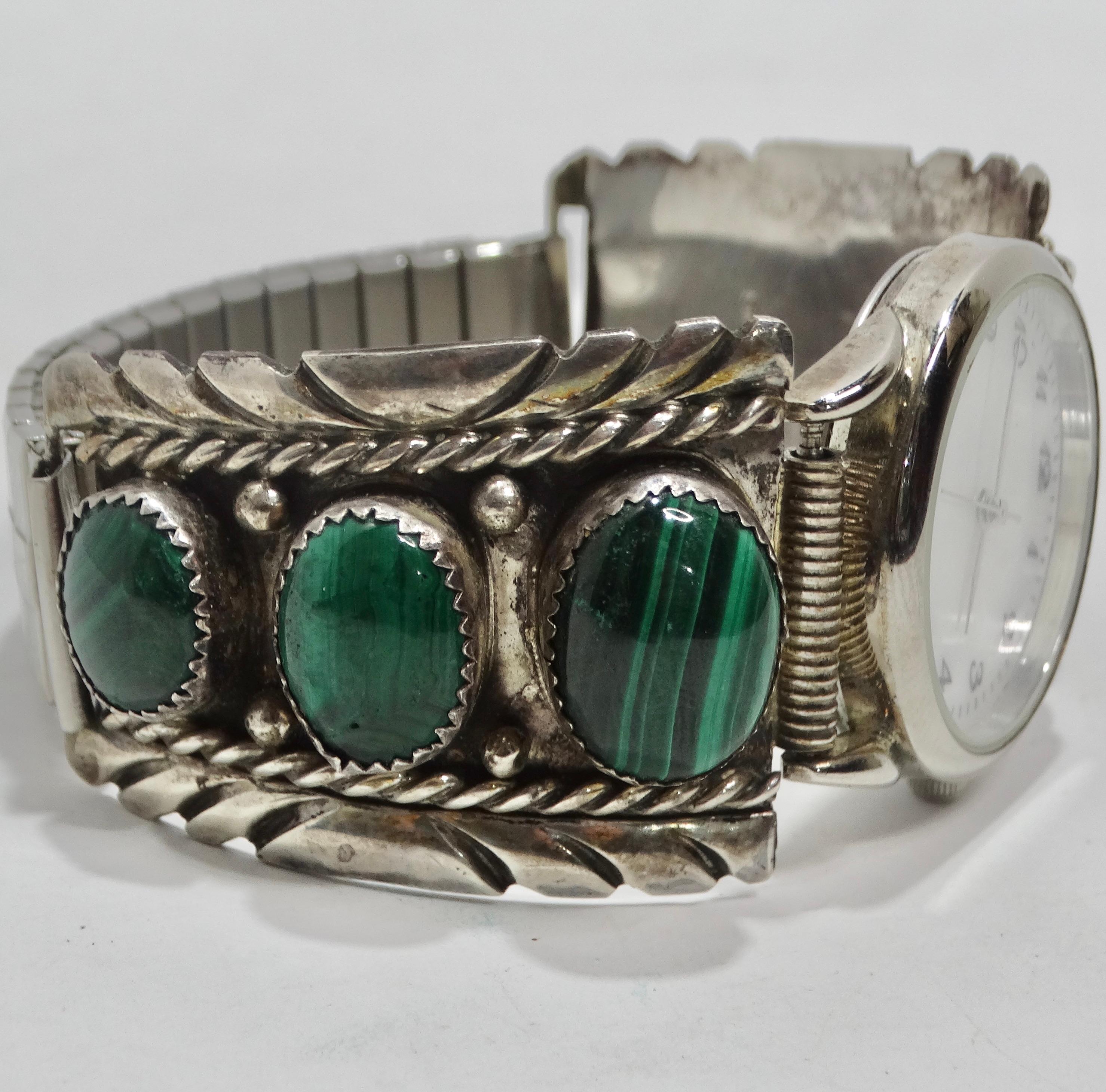 Women's or Men's 1970s Native American Silver Malachite Stone Watch For Sale