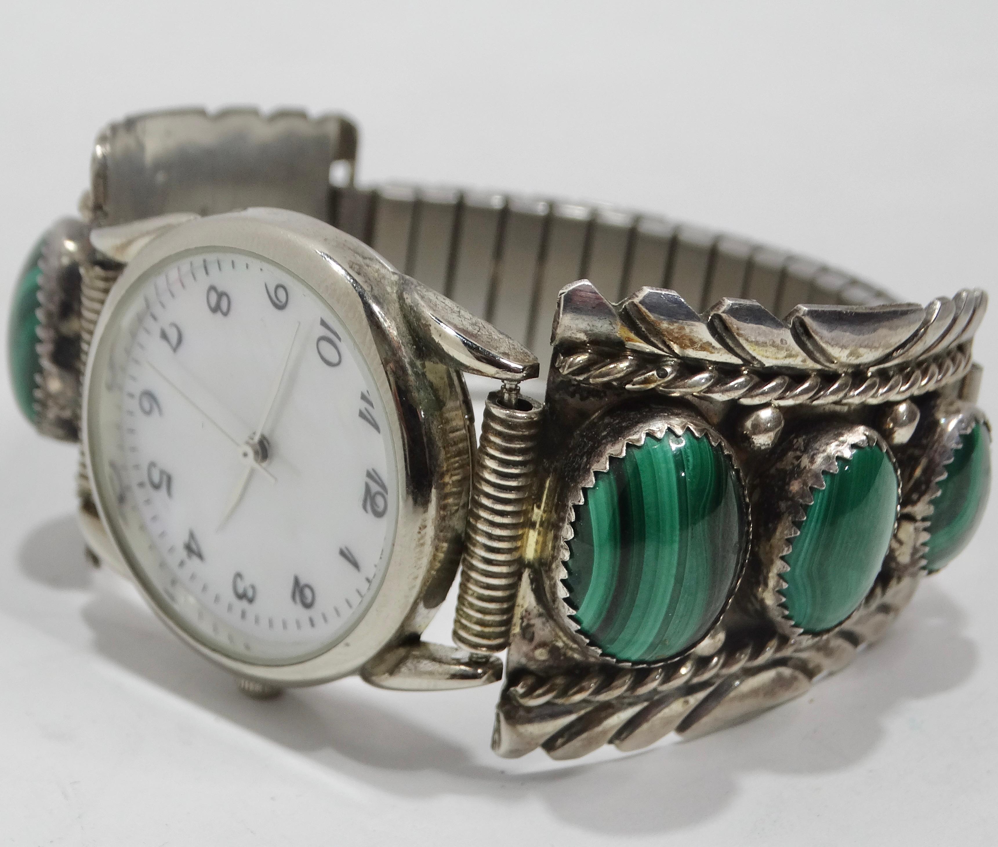 1970s Native American Silver Malachite Stone Watch For Sale 1
