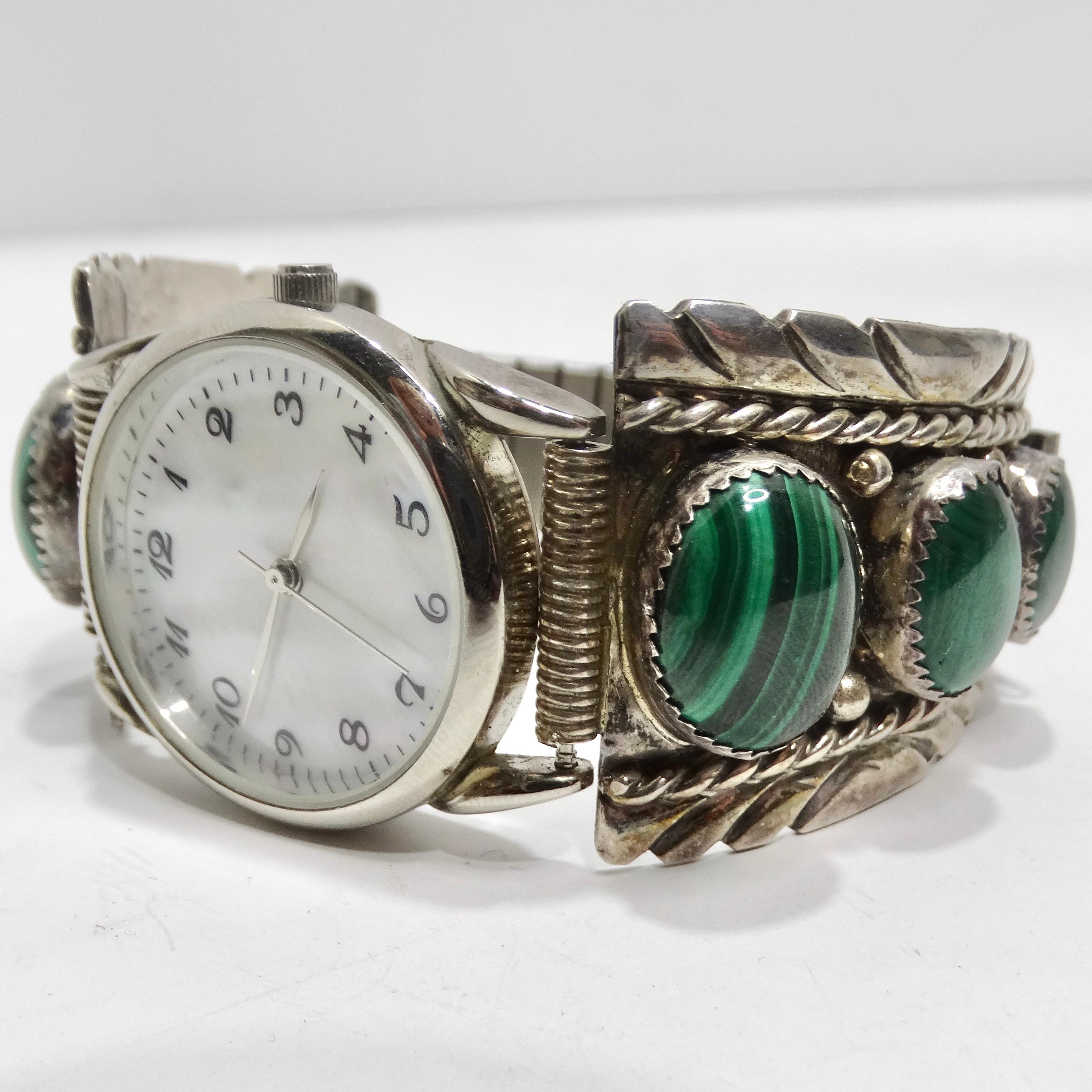1970s Native American Silver Malachite Stone Watch For Sale 3