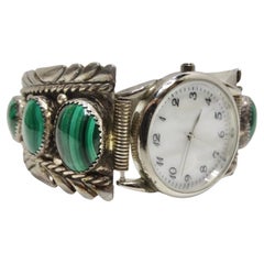 Orologio in argento con pietre di malachite dei nativi americani degli anni '70