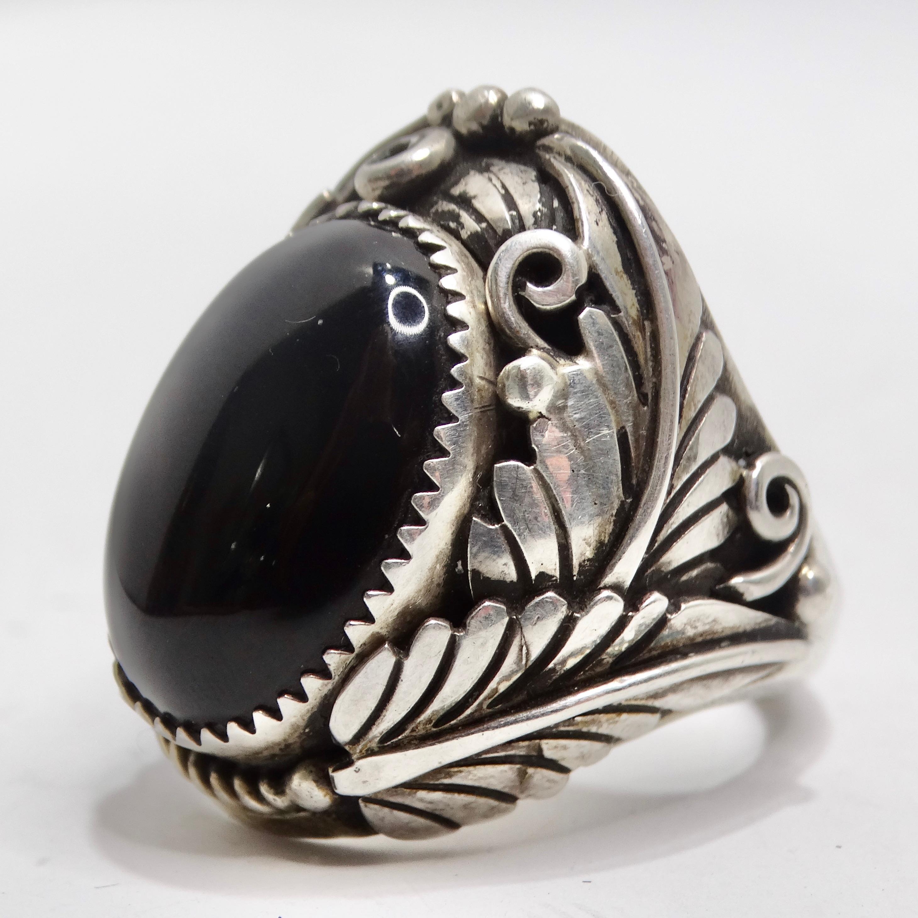 Women's or Men's 1970s Native American Silver Onyx Ring For Sale