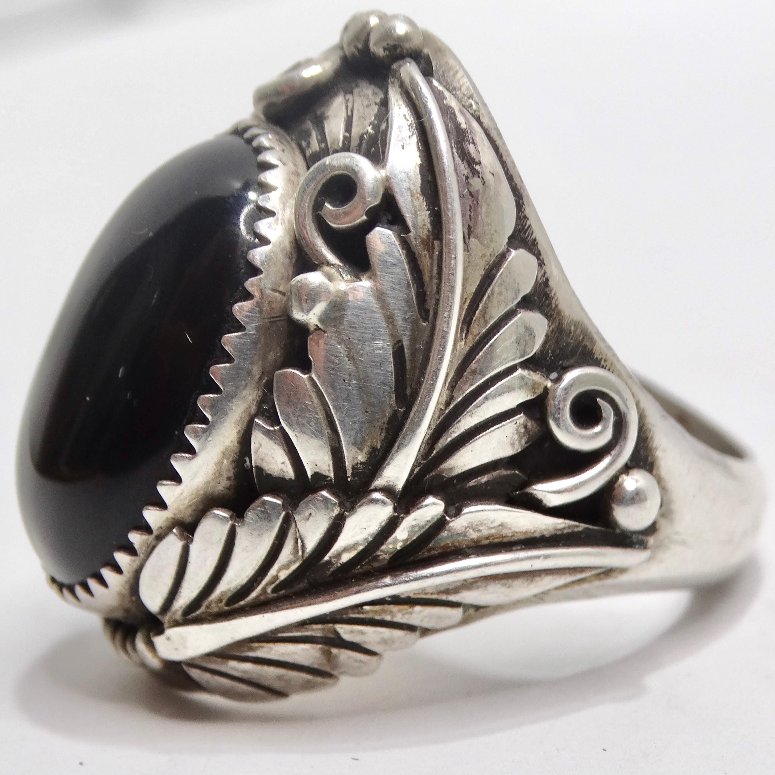 1970 Native American Silver Onyx Ring (bague en argent et onyx) en vente 1