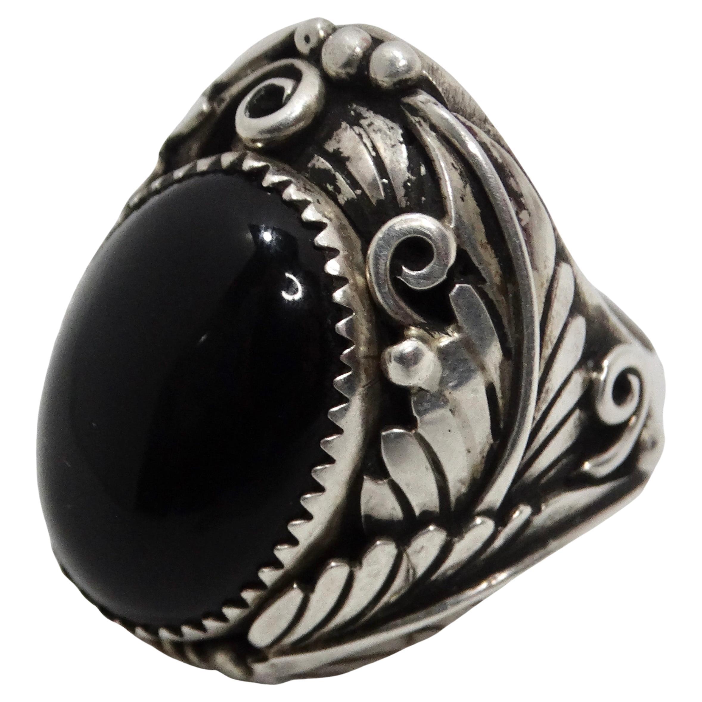 1970s Native American Silver Onyx Ring For Sale