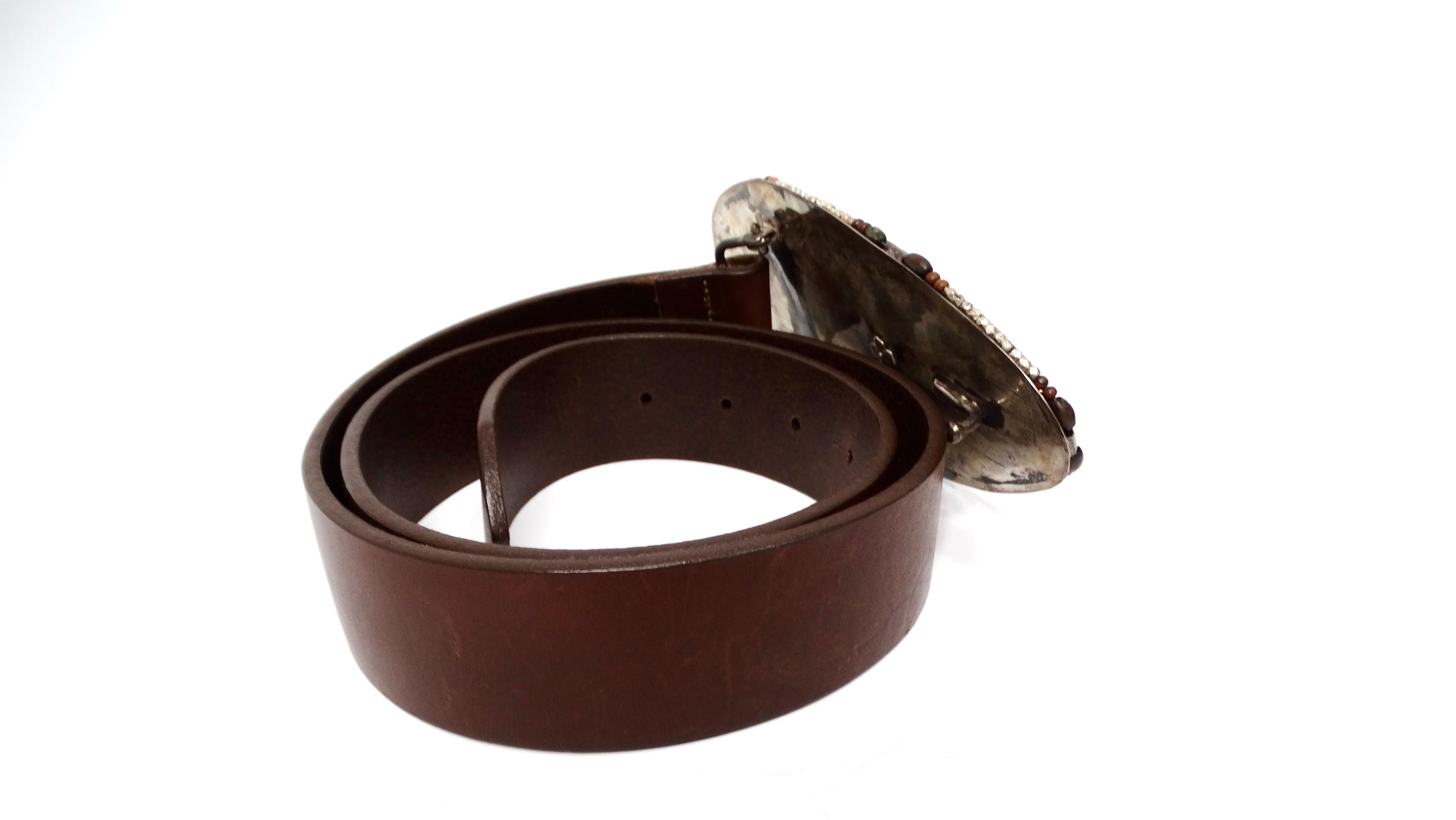 Black 1970s Natural Brown Agate Beaded Detail Leather Belt For Sale