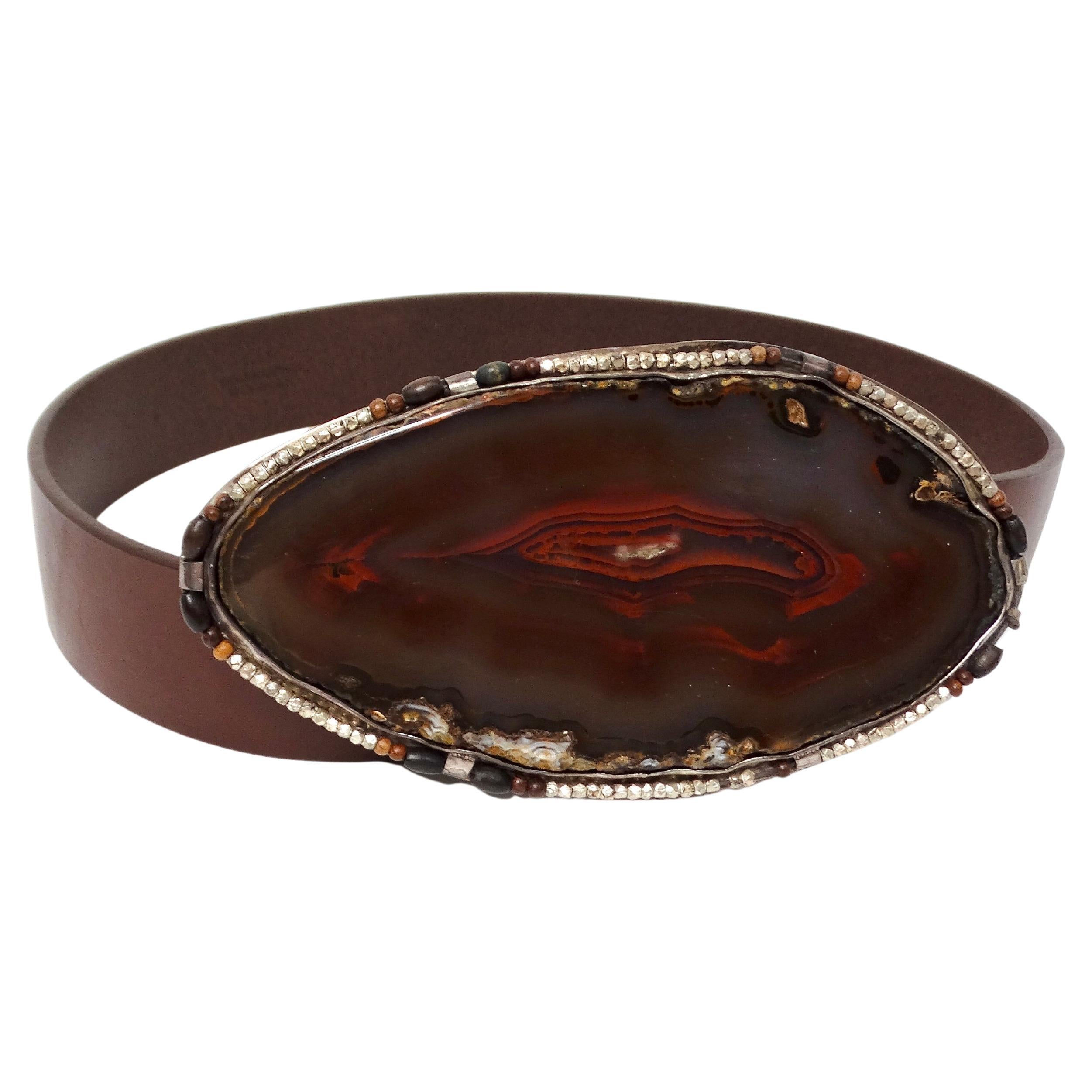 1970s Natural Brown Agate Beaded Detail Leather Belt For Sale