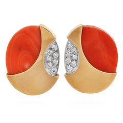 1970s Natural Coral Diamond Oval Disc Clip-On Gold Earrings