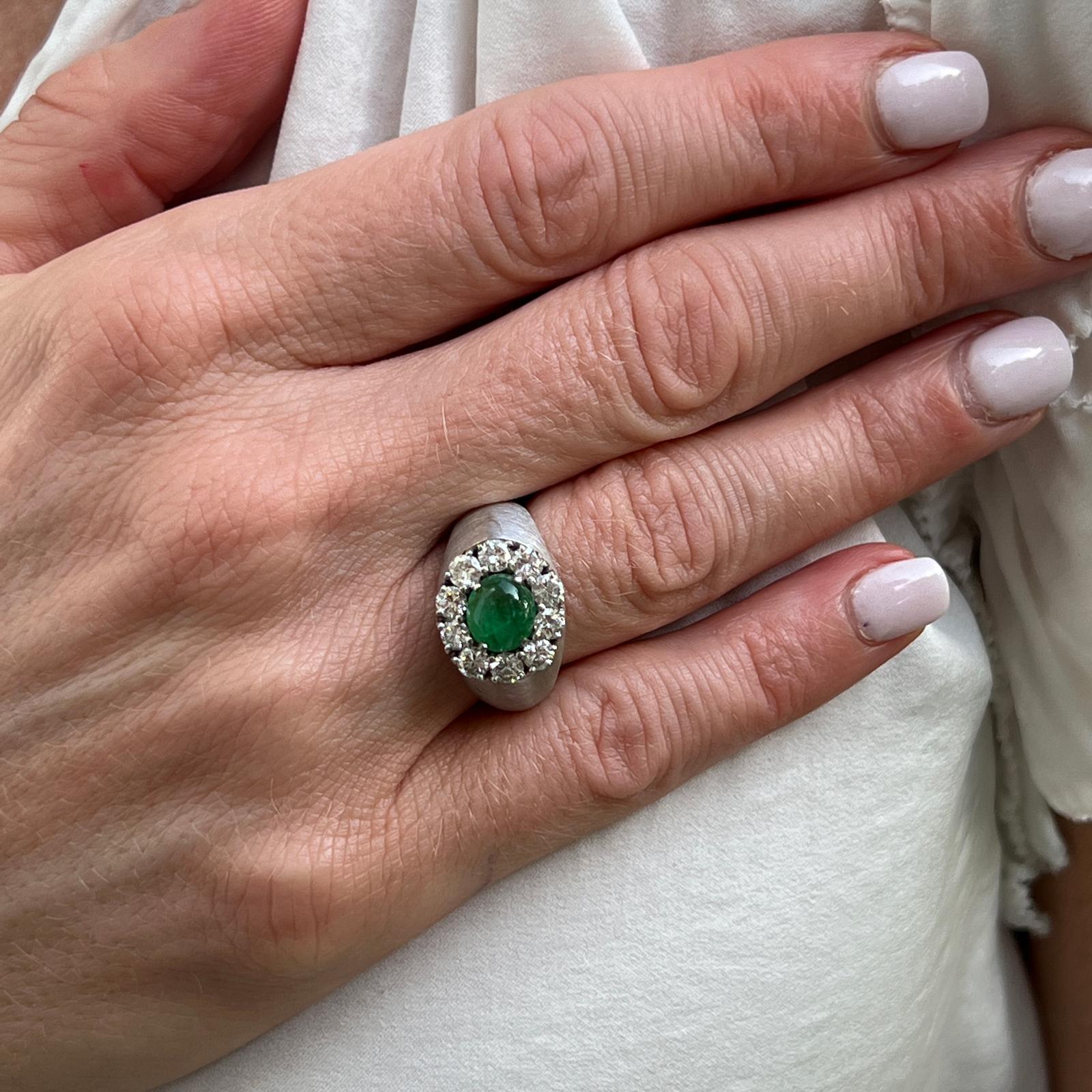 Contemporary 1970's Natural Emerald Diamond Satin Finish White Gold Estate Cocktail Ring  For Sale