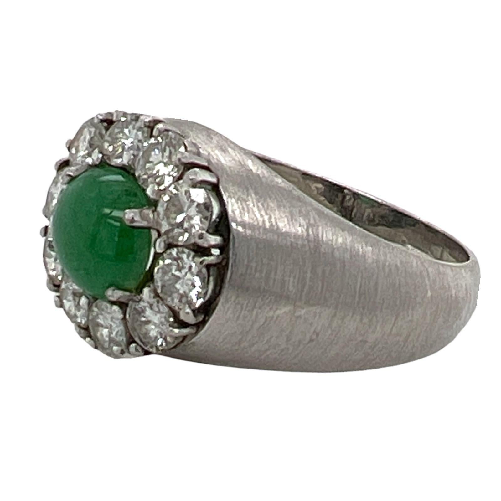 Cabochon 1970's Natural Emerald Diamond Satin Finish White Gold Estate Cocktail Ring  For Sale