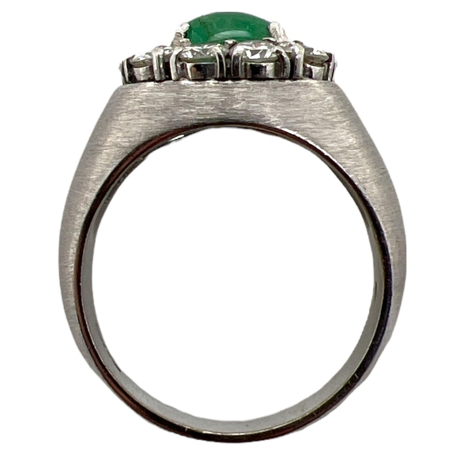 1970's Natural Emerald Diamond Satin Finish White Gold Estate Cocktail Ring  In Excellent Condition For Sale In Boca Raton, FL