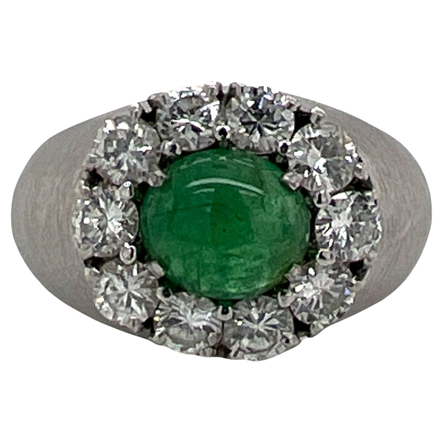1970's Natural Emerald Diamond Satin Finish White Gold Estate Cocktail Ring 