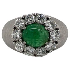 Retro 1970's Natural Emerald Diamond Satin Finish White Gold Estate Cocktail Ring 