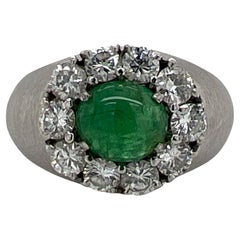 1970's Natural Emerald Diamond Satin Finish White Gold Estate Cocktail Ring