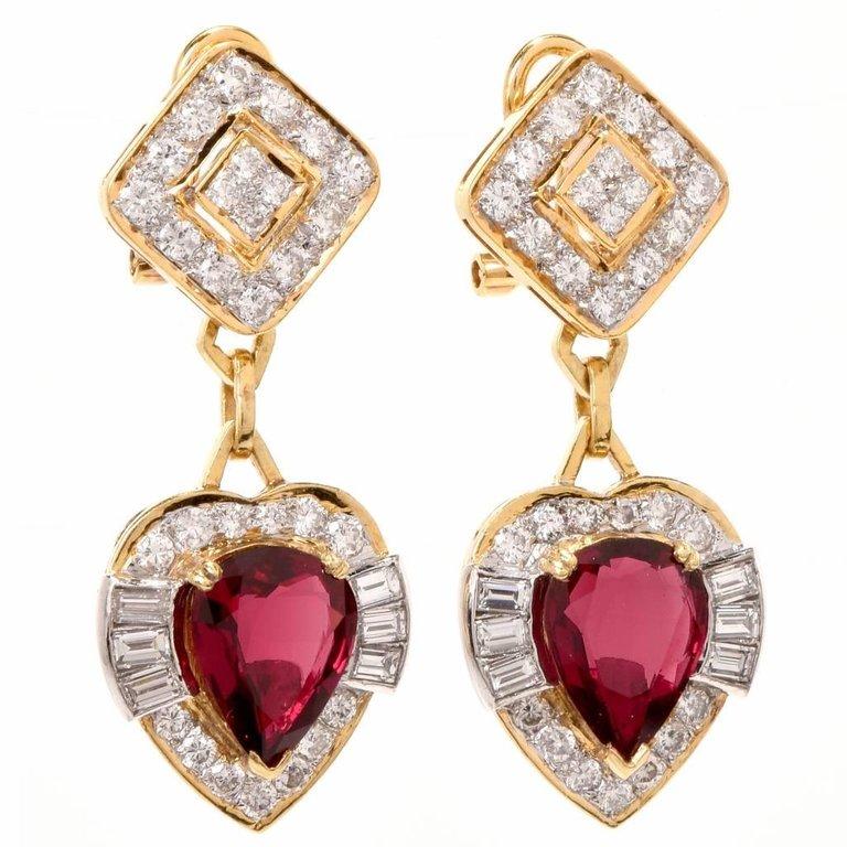 Pear Cut 1970s Natural No Heat Ruby Diamond 18 Karat Gold Heart Dangle Drop Earrings