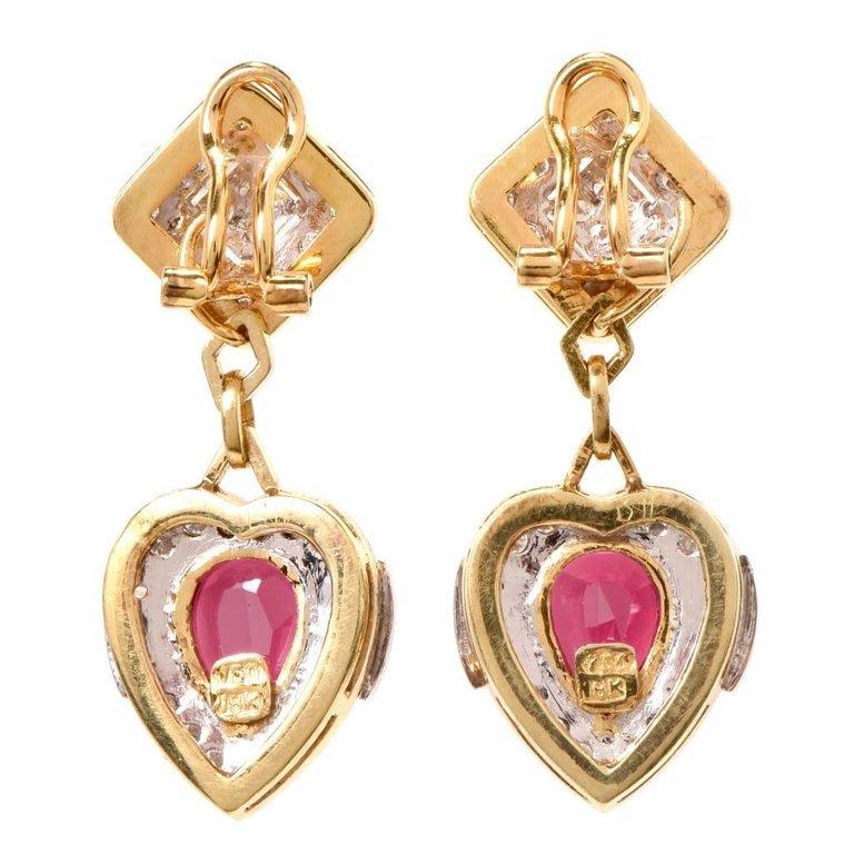 1970s Natural No Heat Ruby Diamond 18 Karat Gold Heart Dangle Drop Earrings 1