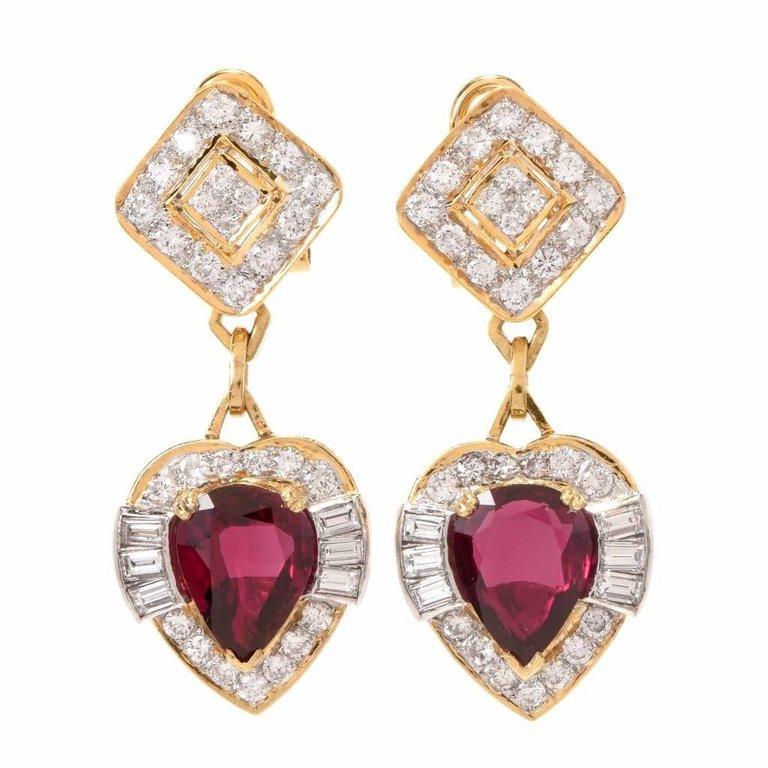 1970s Natural No Heat Ruby Diamond 18 Karat Gold Heart Dangle Drop Earrings