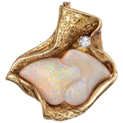 1970s Natural Opal Diamond Pendant Vintage 14 Karat Gold Freeform Abstract