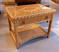 1970s Natural Rattan Side Table with Drawer and Glass Top – Coastal Style