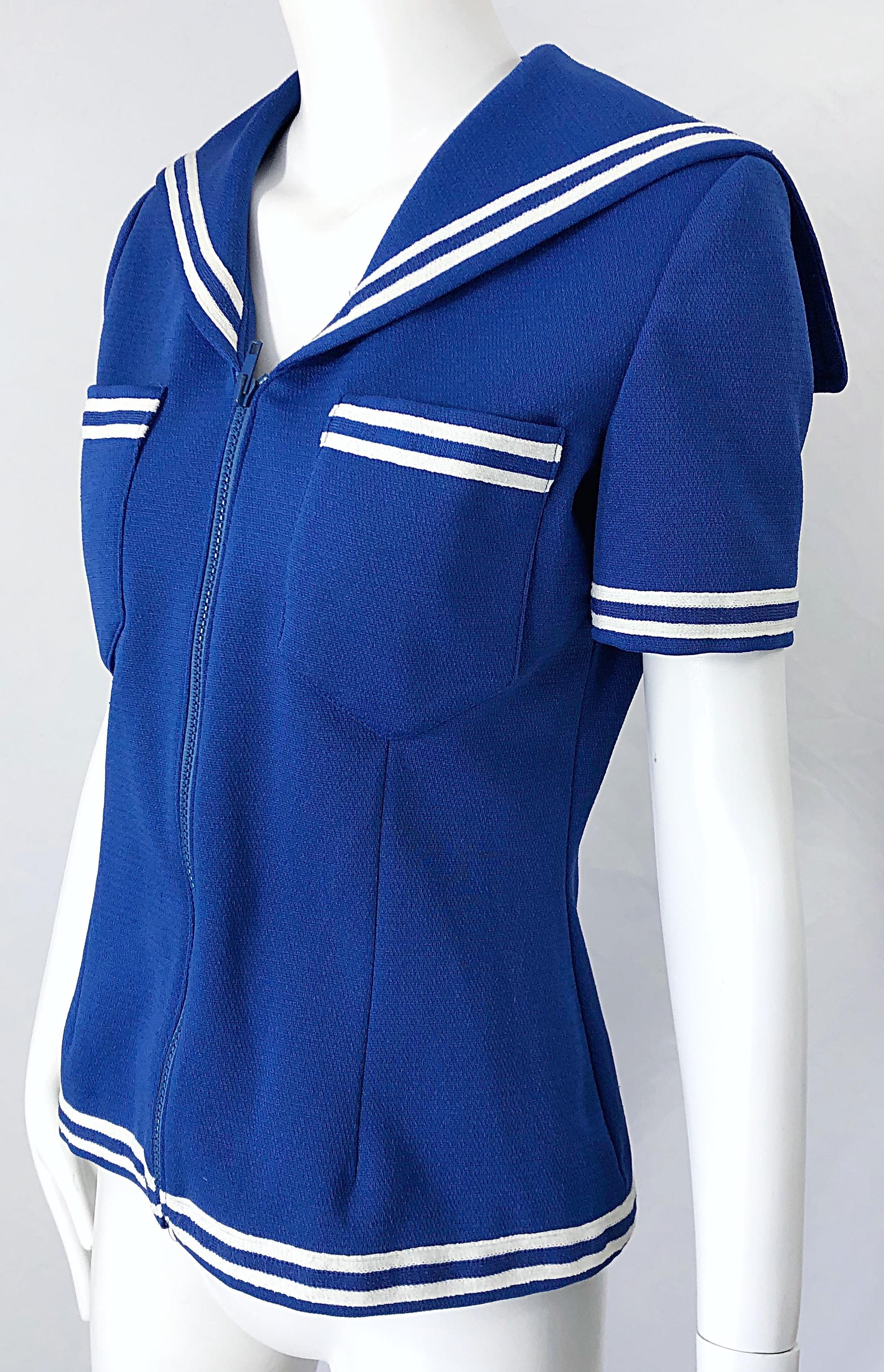 1970s Nautical Blue + White Nautical Vintage Sailor Knit 70s Shirt Top Blouse 3