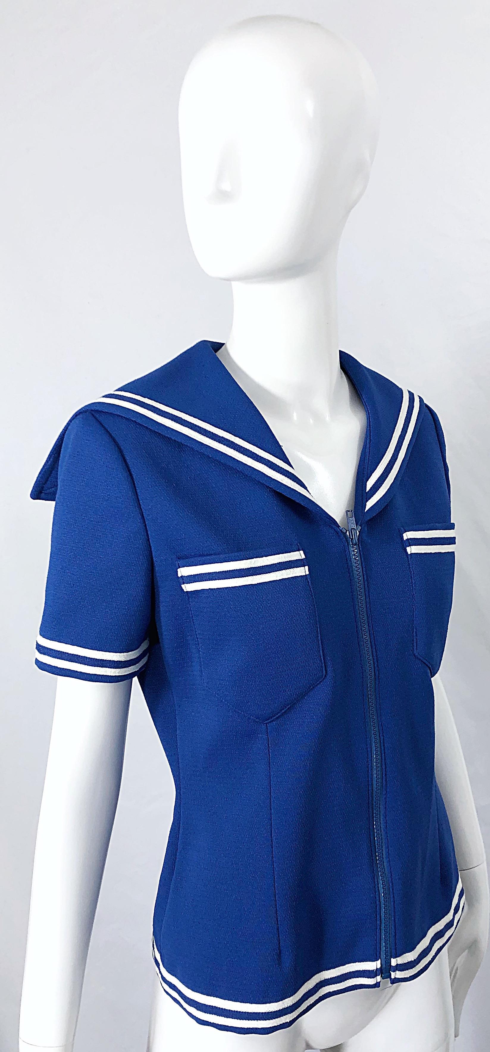 1970s Nautical Blue + White Nautical Vintage Sailor Knit 70s Shirt Top Blouse 5
