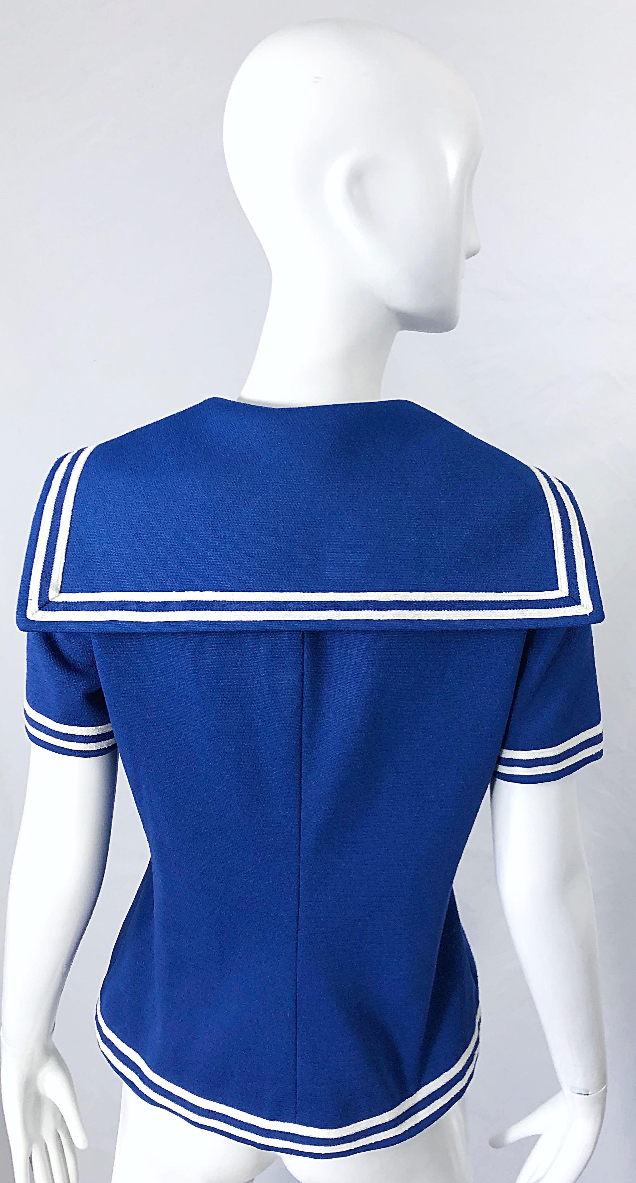 1970s Nautical Blue + White Nautical Vintage Sailor Knit 70s Shirt Top Blouse 6