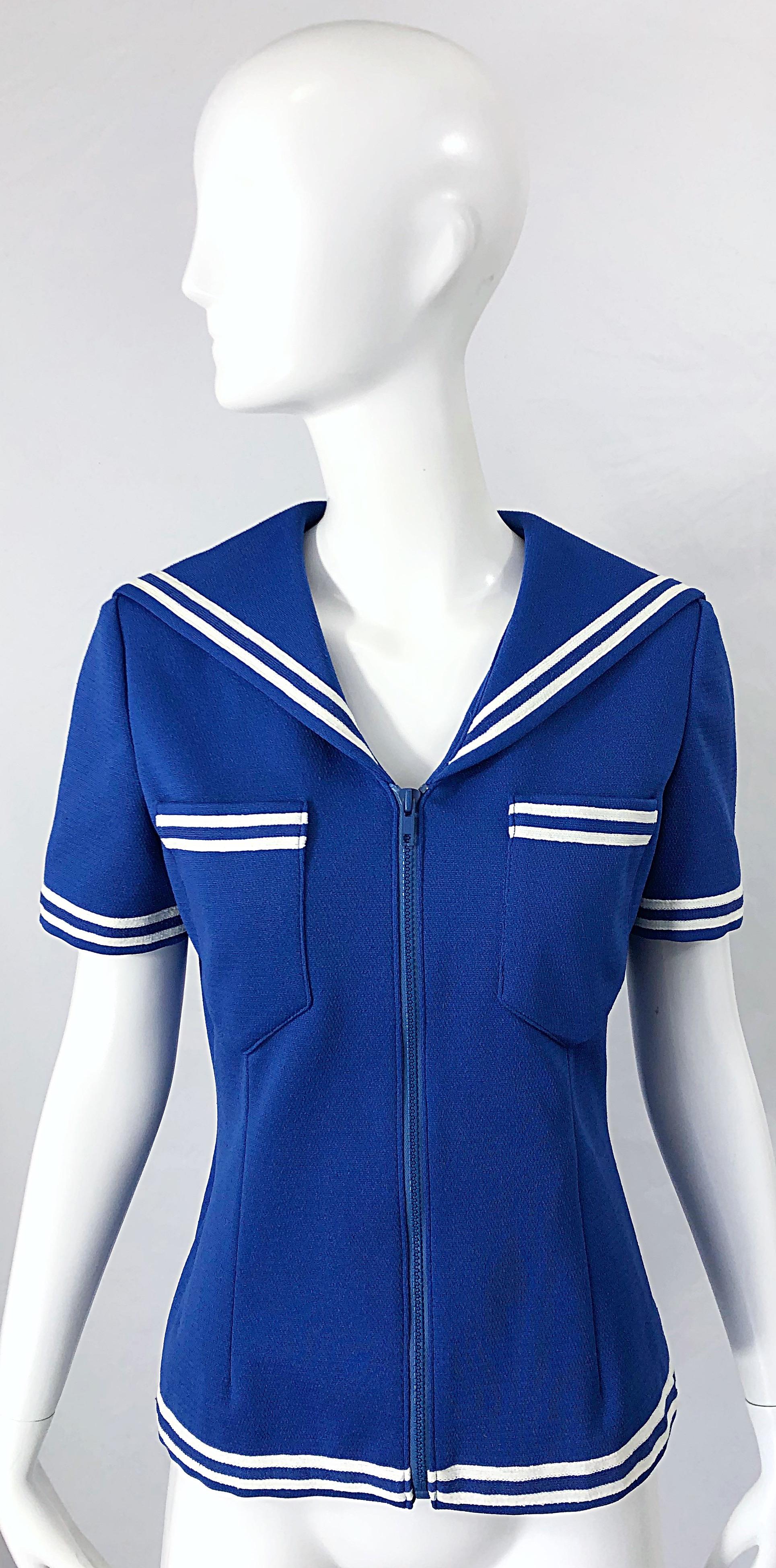 1970s Nautical Blue + White Nautical Vintage Sailor Knit 70s Shirt Top Blouse 7