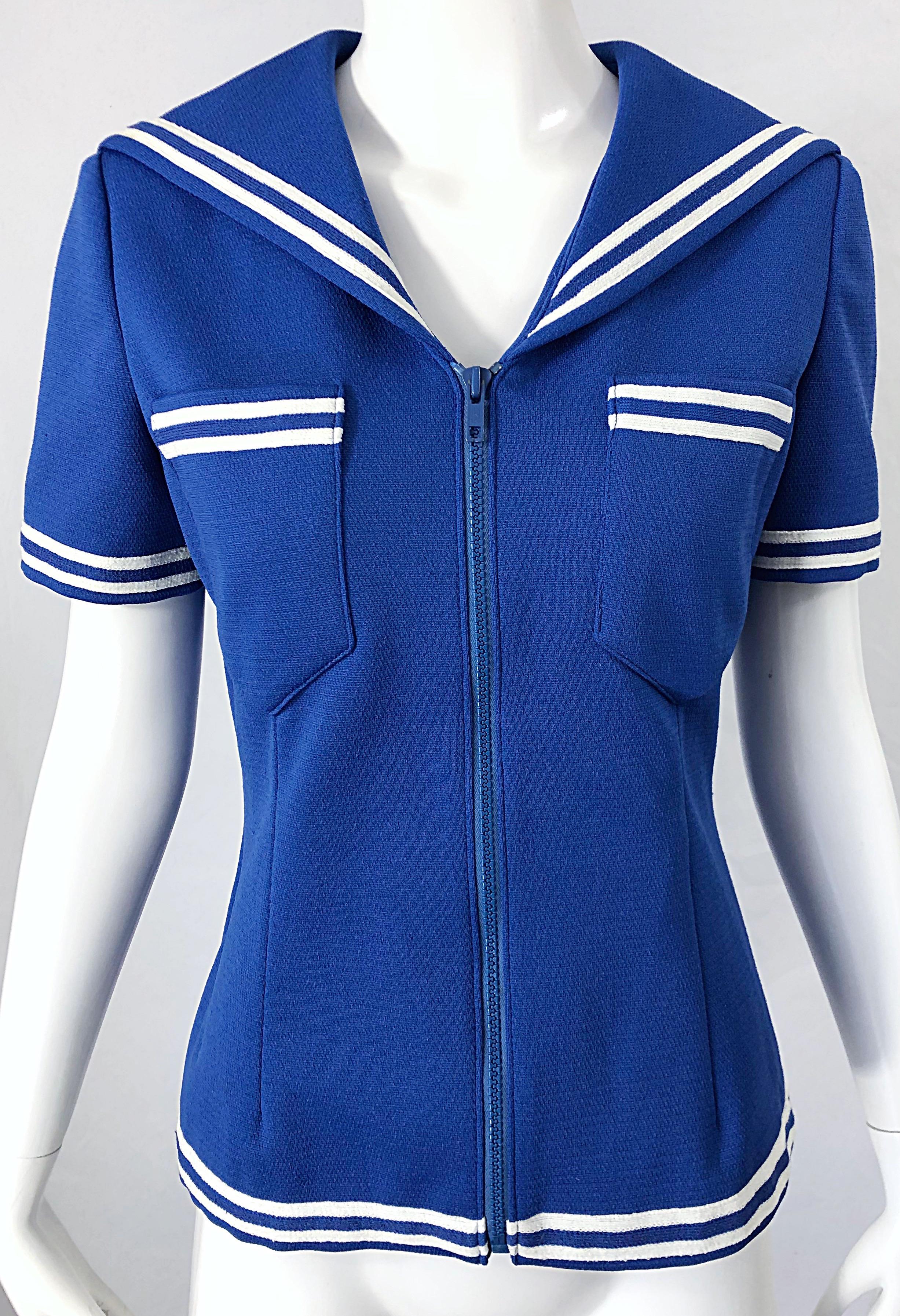 Women's 1970s Nautical Blue + White Nautical Vintage Sailor Knit 70s Shirt Top Blouse