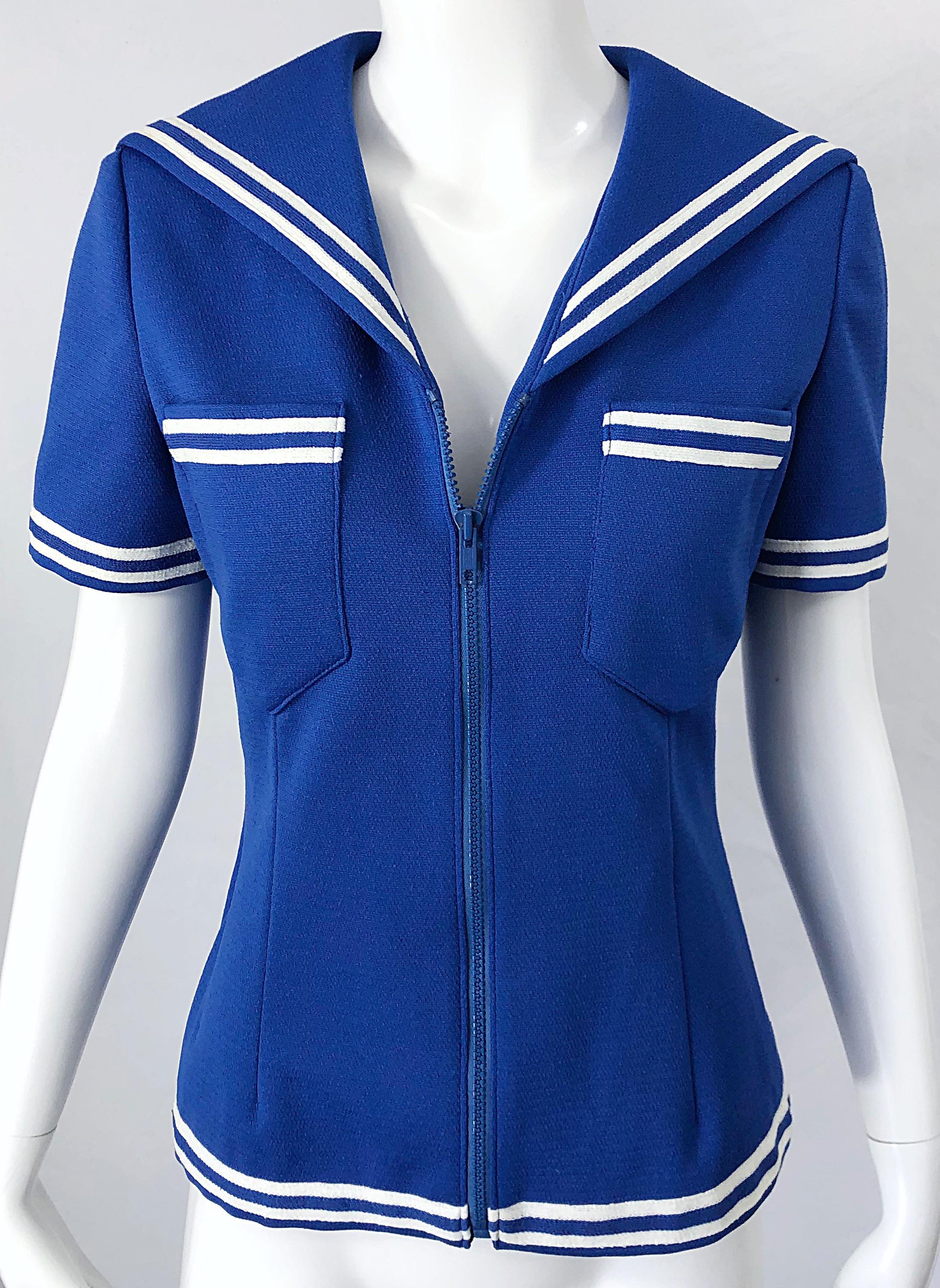 1970s Nautical Blue + White Nautical Vintage Sailor Knit 70s Shirt Top Blouse 2