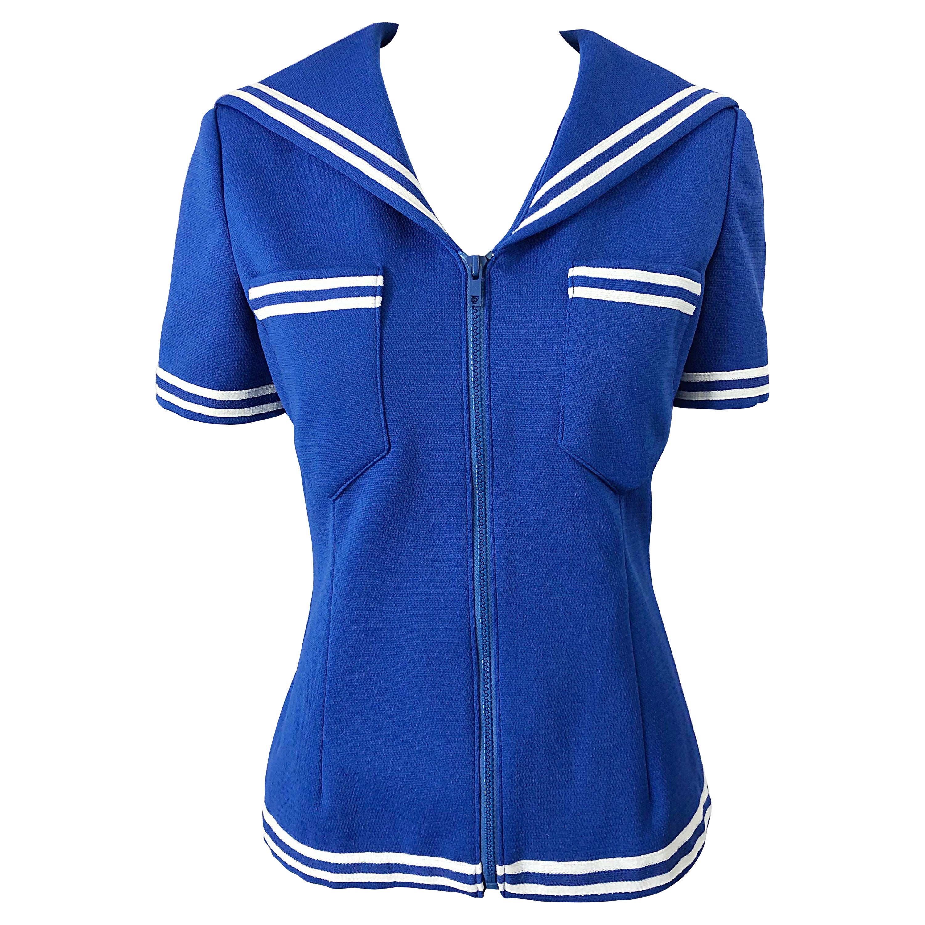 1970s Nautical Blue + White Nautical Vintage Sailor Knit 70s Shirt Top Blouse