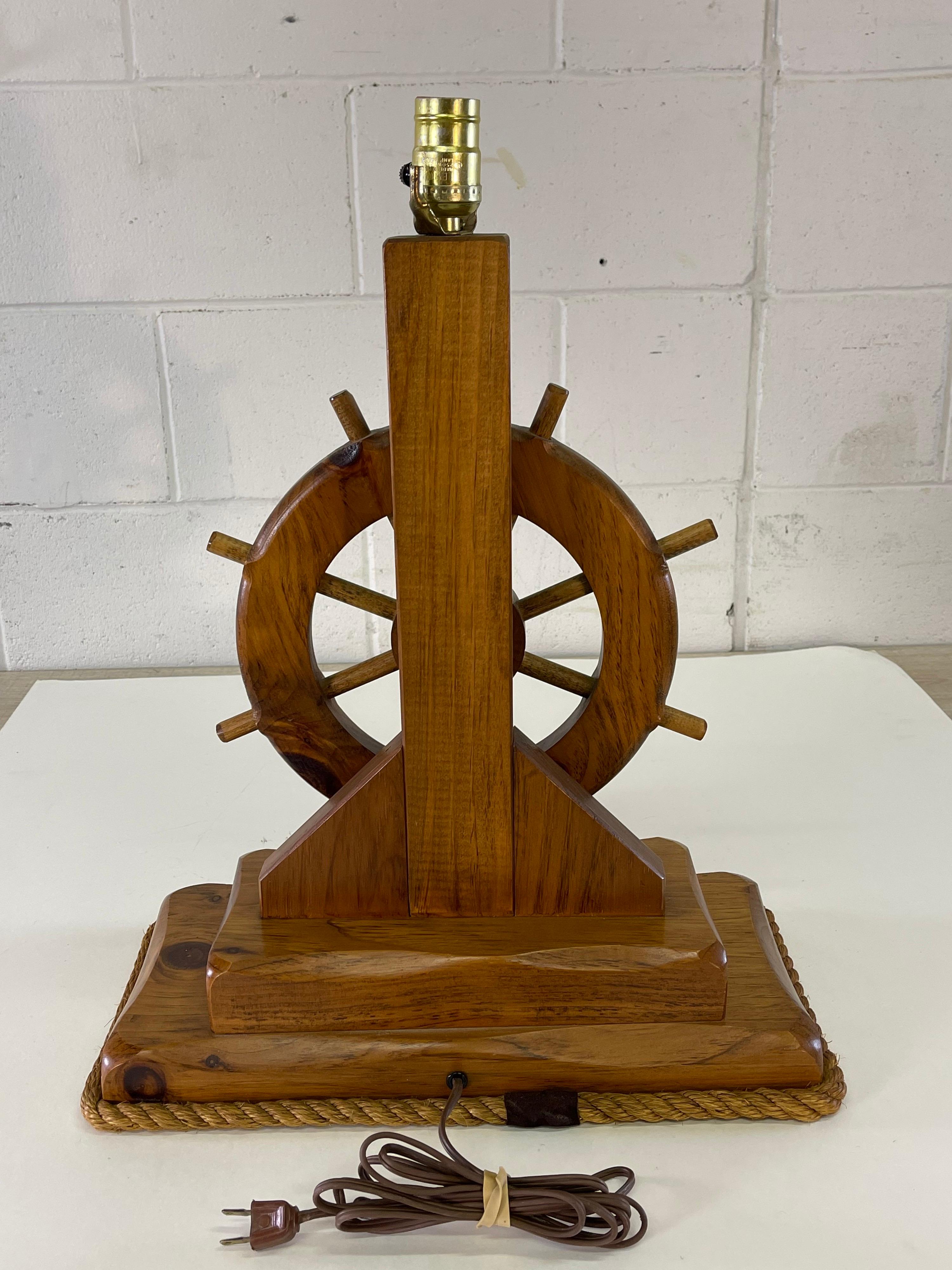 Rope 1970s Nautical Ships Wheel Wood Table Lamp For Sale