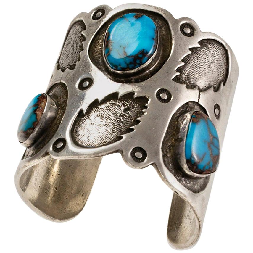 1970s Navajo Bisbee Turquoise and Silver Cuff