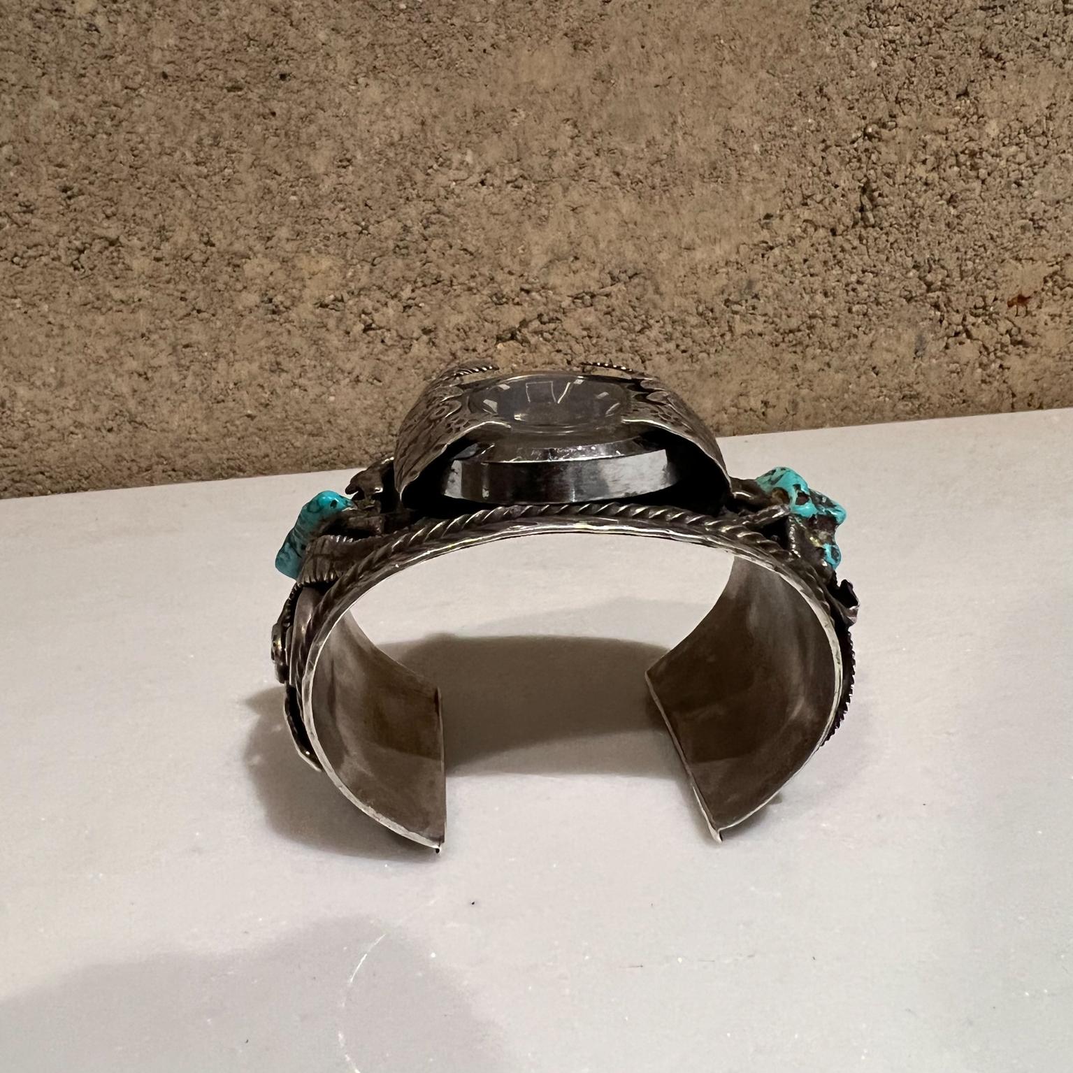 1970s Navajo Southwestern Silver and Stone Decorative Cuff Bracelet Watch Band For Sale 9