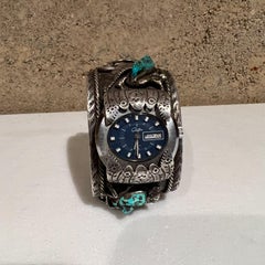 1970s Navajo Southwestern Silver and Stone Decorative Cuff Bracelet Watch Band
