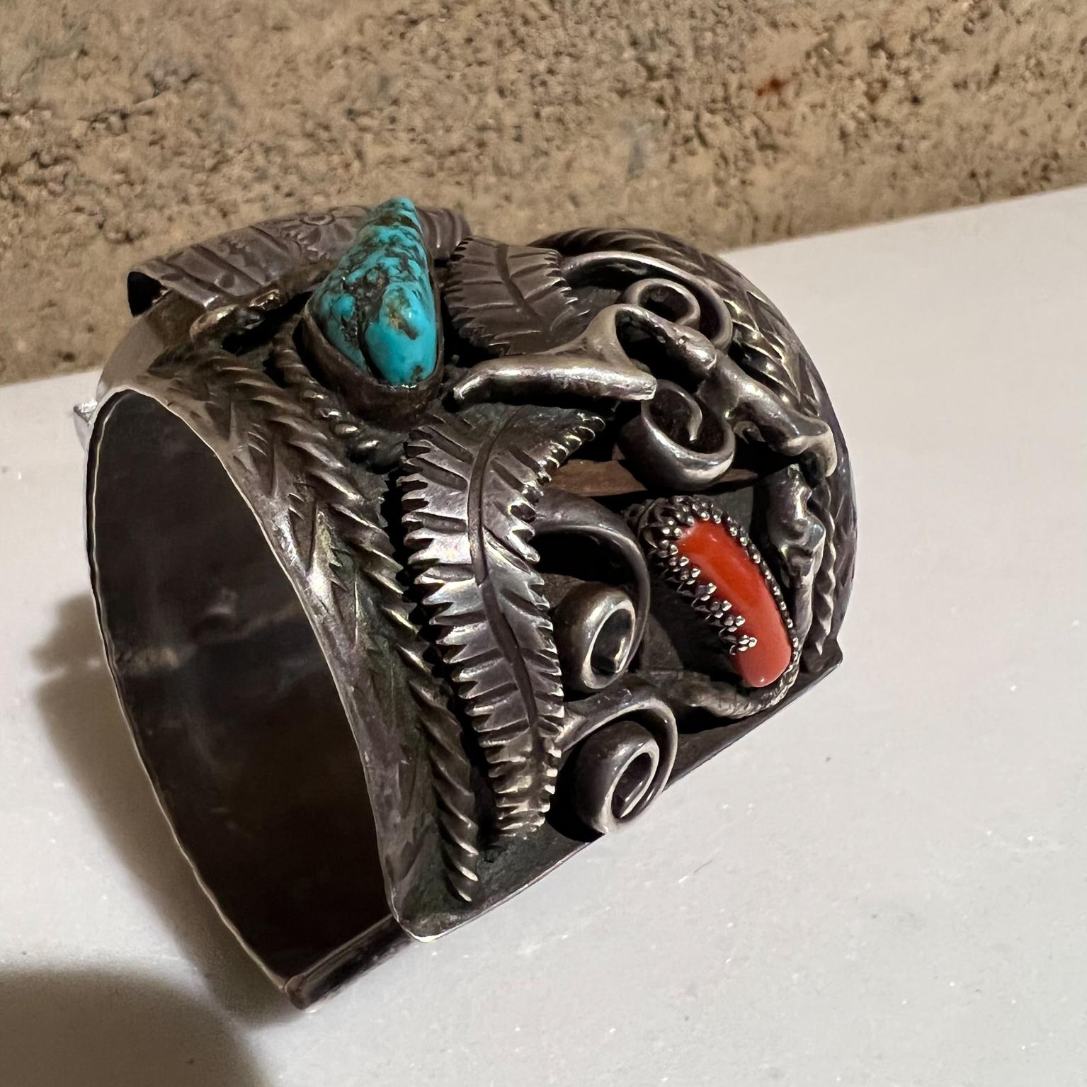 1970s Navajo Southwestern Silver and Stone Decorative Cuff Bracelet Watch Band In Good Condition For Sale In Chula Vista, CA