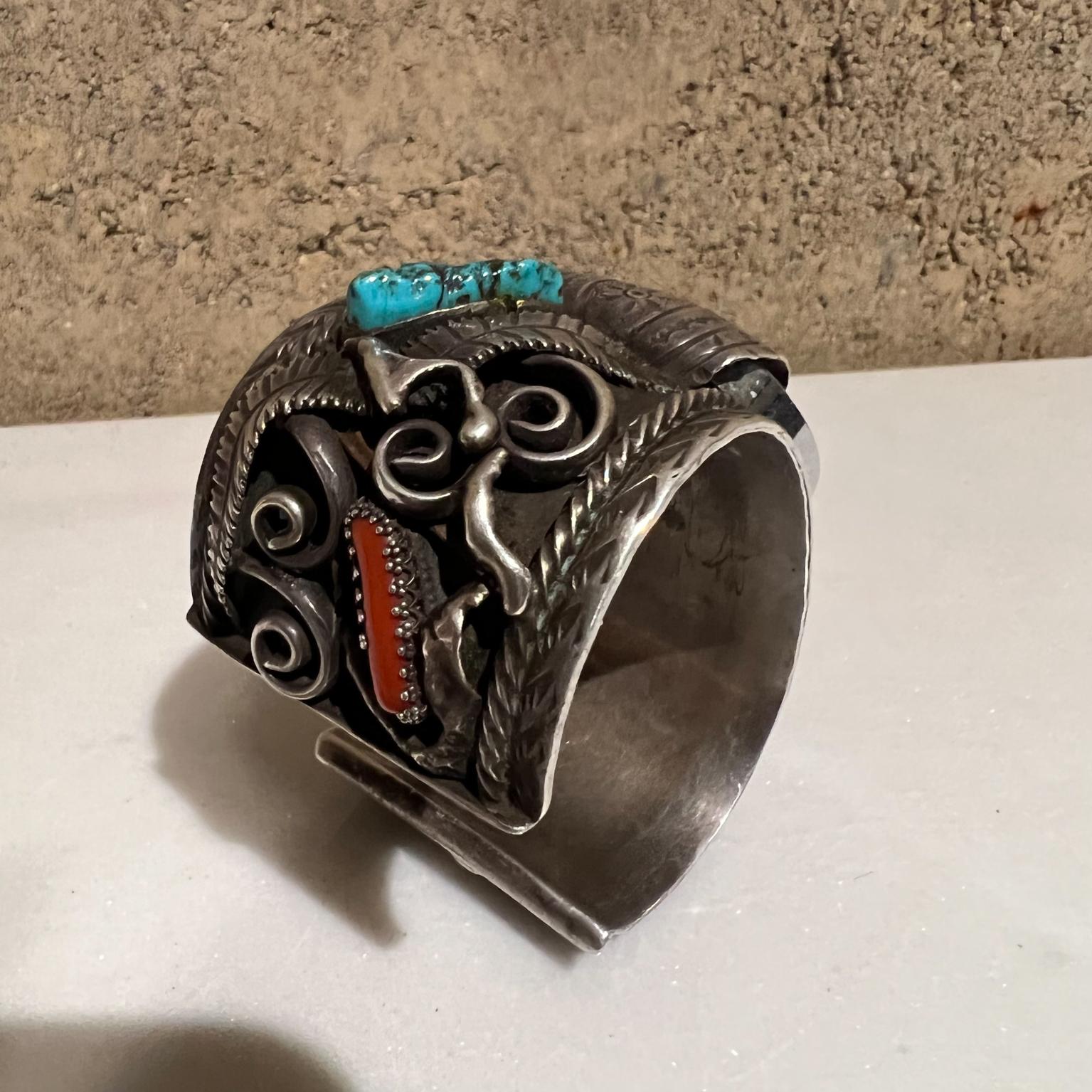1970s Navajo Southwestern Silver and Stone Decorative Cuff Bracelet Watch Band For Sale 1
