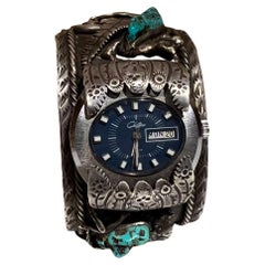 1970s Navajo Southwestern Silver and Stone Decorative Cuff Bracelet Watch Band