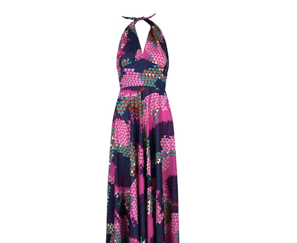 Women's 1970s Navy and Pink Geometric Print Halterneck Dress For Sale