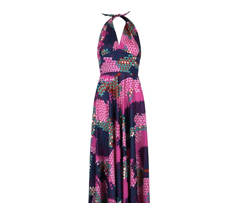 1970s Navy and Pink Geometric Print Halterneck Dress 1