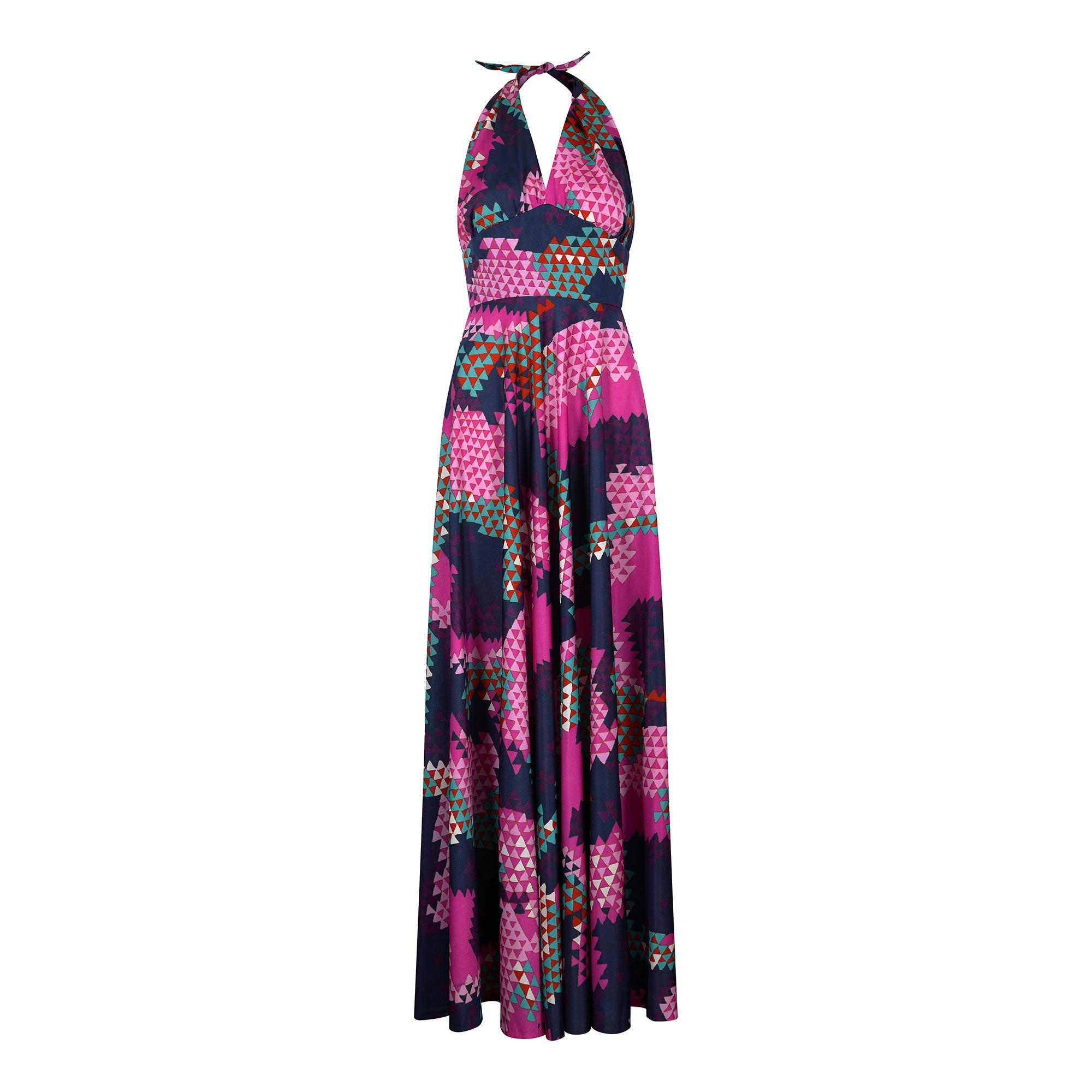 1970s Navy and Pink Geometric Print Halterneck Dress